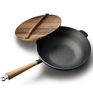 【จัดส่งภายใน 24 ชม】31cm Cast Iron Nonstick Wok Pan with wood Lid  ไม่ติดกระทะ