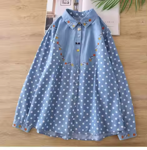 Women's denim shirt floral embroidery polka dots denim blouses Korean stylish women's blouse Youthfu