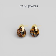 CACO Tiger Eye Gemstone Earring 14K Gold Plated on Titanium Steel "Chato (Stud Earring)" (1 Pair)