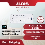 MASTERPLUG SRGSU83PW-MPA Surge Extension Lead with 8 Sockets 2 3.1A USB Ports 3 Meter Length for Hom