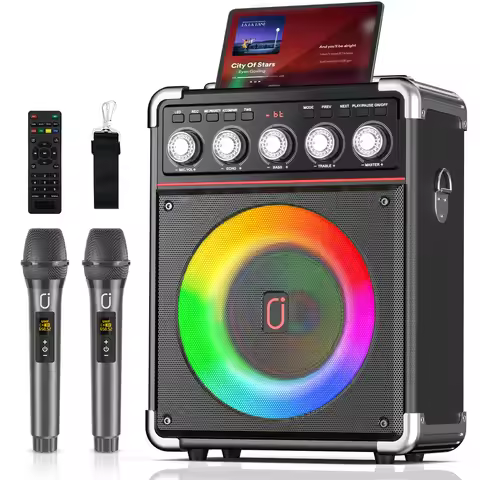 FanFun Karaoke Speaker, Bluetooth Speaker with 2 Microphones and LED Light, Portable Wireless Speake