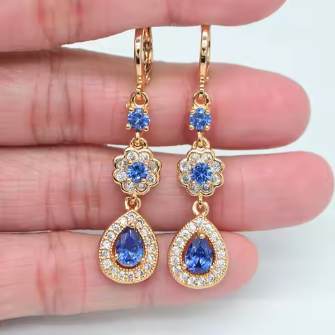 Gold Color Women Blue Cubic Zirconia CZ Water Drop Wedding Earrings Jewelry