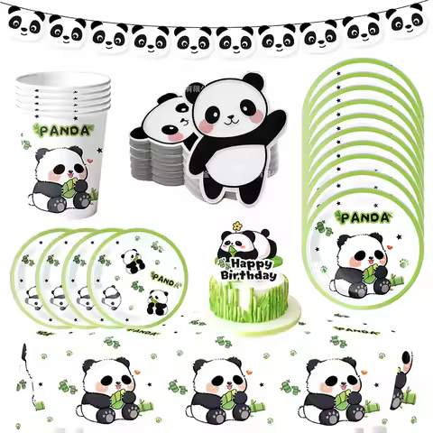 Panda Birthday Party Supplies Panda Disposable Tableware Set Panda Paper Plates Cups Napkins Banner 