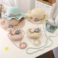 [LY] Children Straw Hat + Shoulder Bag Tote Bags Summer Kids Girl Baby 2pcs A Set Cute Floral Sun Ha
