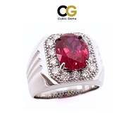 CG Premium Lab Corundum Ruby with Moissanite Sterling Silver 925 Men's Ring Oval Cut Rhodium Plated
