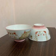 【二手】招財貓粉色陶瓷餐碗 2入