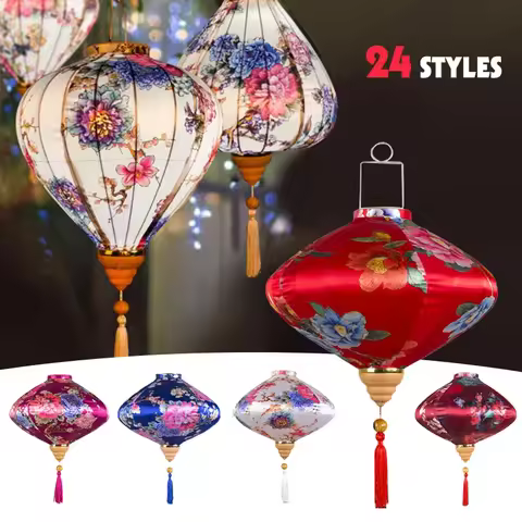 12 Inch Peony Floral Pattern Mid-autumn Lantern Vietnam Chinese Retro Silk Lanterns for New Year Par