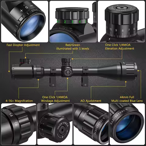 4-16x44 Rifle Scope Red Green Illuminated Optical Mil-Dot Reticle Riflescope Sights with 20mm Picati