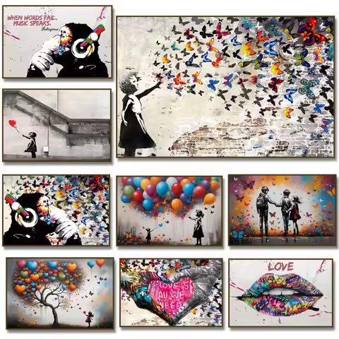 Banksy Girl with Colorful Heart Balloons Canvas Painting Lips Street Monkey Butterfly Poster Print f