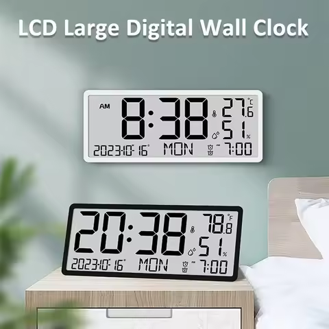 LCD Digital Wall Clock Large Screen 2 Alarm Clock Temperature Humidity Date Week Display Desktop Ele