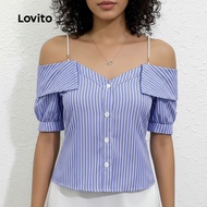 (trendy3) Lovito Casual Striped Pearl Chain Colorblock Blouse for Women L132ED431