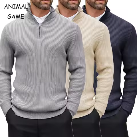 Autumn Men's Quarter Zip Pullover Dress Slim Sweater Mock Neck Sweaters Casual Long Sleeve Pullovers