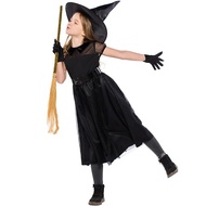 Kids Halloween Apparel Horror Dress Witch Costume With Hat And Wand Girl Carnival Pageant Black Magi