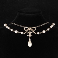 CHANEL(香奈兒) 22S 水滴珍珠吊墜 大蝴蝶結 細皮穿鏈 金屬logo頸鏈 淺金 合金 項鏈