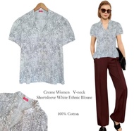 Cr*me Women Short Sleeve V-neck  White Ethnic Blouse/ BLOUSE WANITA BRANDED TERBARU