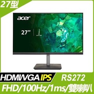 &lt;福利品&gt;Acer｜RS272 抗閃系列 27型 IPS 100hz 無邊框螢幕 (內建喇叭/1ms)9805.RS272.301