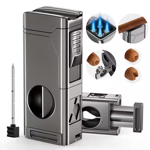 Cigar Lighter 4 Jet Flame Cigar Lighters with Cigar Cutter Cigar Accessories Cigar Draw Enhancer Win