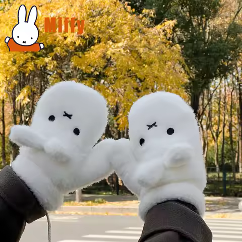 Kawaii Miffy Plush Mittens Cute Rabbit Warm Gloves Thicken Fuzzy Detachable Rope Anti-Lost Strap Win