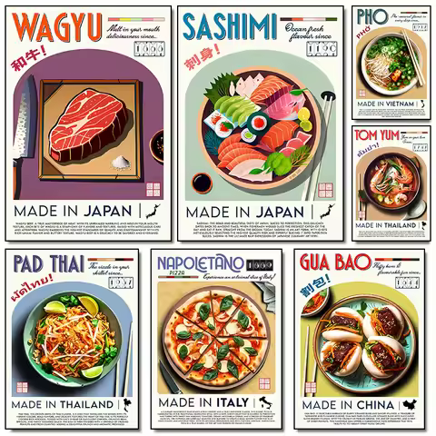 Asian Japanese Vietnam Street Food Hand-Pulled Noodle Tom Yum Goong Soup Poster Canvas Painting Wall