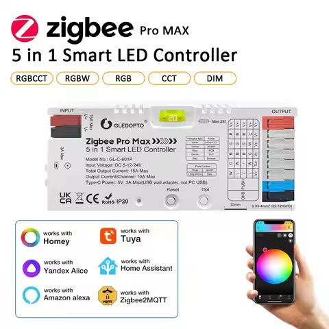 GL-C-601P ZigBee 3.0 Pro Max 5 in 1 LED Controller RGBCCT RGBW RGB CCT Dim Light Mix 20A Pluggable F