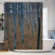 Artistic Forest Shower Curtain Set Blue Orange Leaves Tree Trunks Design for Bathroom Decor Waterpro