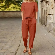 Women's Retro Style Cotton Linen Suit Set - Half Sleeve O-neck Oversized Blouse & Wide-leg Pants | 1
