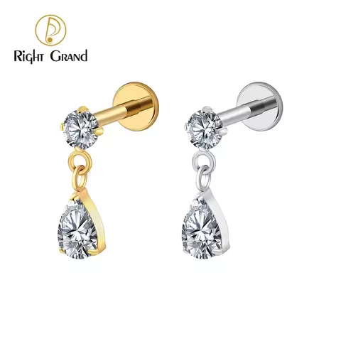 Right Grand ASTM F136 Titanium 16G Teardrop Dangle CZ Labret Stud Waterdrop Tragus Cartilage Earring