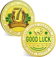 Lucky Blessings Coin - Good Luck 777 Token, a four-leaf clover, a poker card guard, a horseshoe and 
