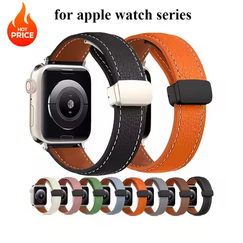 Leather Magnetic Buckle Strap for Apple Watch 7 8 9 45mm 41mm Ultra2 49mm Leather Band for iWatch Se