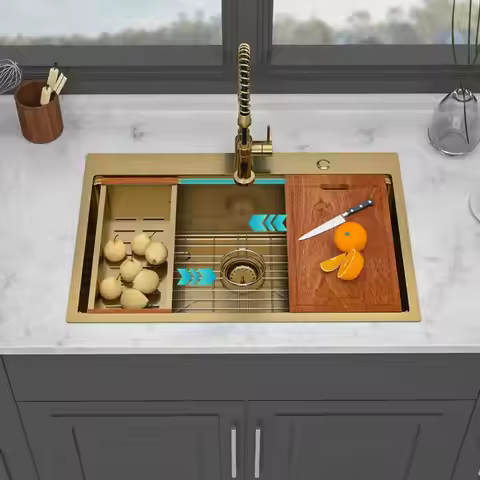 33" Drop-in Gold Kitchen Sink - 33x22 inch Topmount Single Bowl 16 Gauge Stainless Steel Workstation