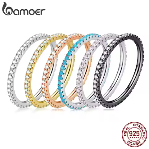 Bamoer Genuine Fashion Rainbow Ring for Women Beautiful Zircon 925 Sterling Silver Color Ring Fine W