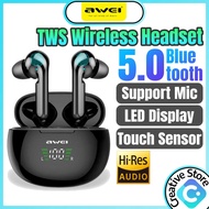 Earphone Awei Wireless Earbuds Bluetooth Earphone Waterproof Smart Touch Digital Display Quality Earfon Sport Music
