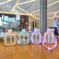 Creative Portable Diagonal Strap Straw Water Cup Plastic Flat Water Bottle Sports Water Bottle