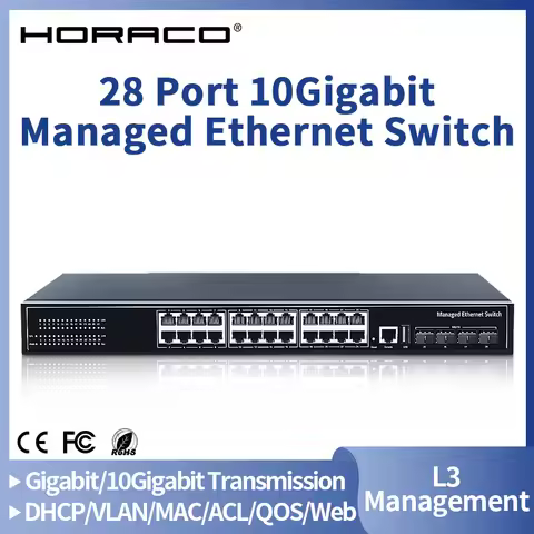 HORACO 28 Port Managed Ethernet Switch L3 10Gigabit Uplink Network Switcher 1000Mbps 24 Port Hub Int