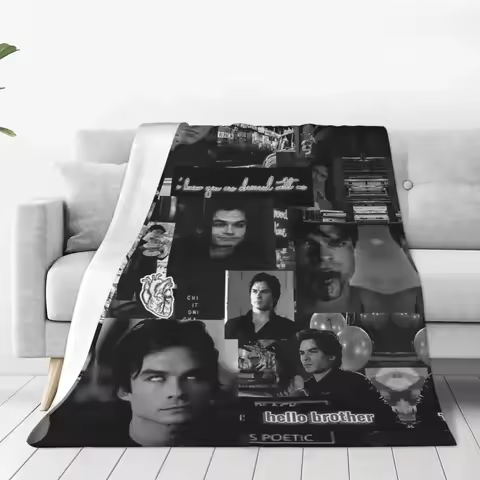 Damon Salvatore The Vampire Diaries Flannel Blankets Vintage Throw Blankets for Sofa Bedding Lounge 