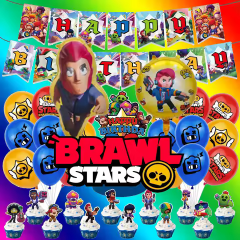 Happy Birthday Banner Balloons Brawl Stars Party Decoration Game Background Cake Topper Stickers Dis
