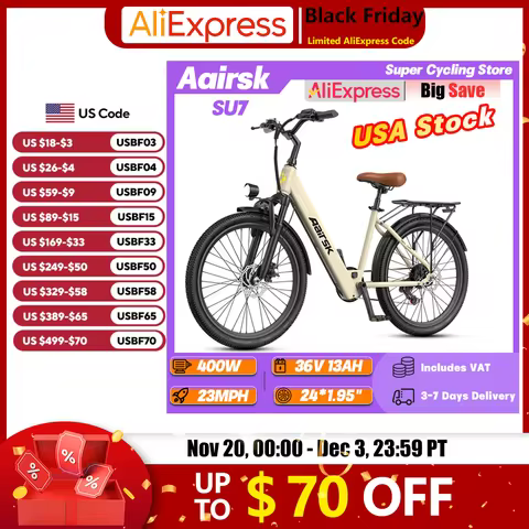 Aairsk SU7 Adult Ebike 400W Motor 36V 13Ah Battery Electric Bicycle Urban Commuting 24*1.95" Tire Tr