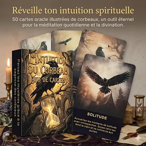 French Raven Oracle Cards, 50 Dark Retro Illustrations Tarot Deck, Divination Tool, Meditation Intui