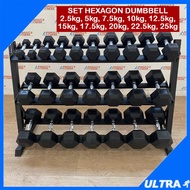 Set Hexagon Dumbbells 2.5kg 5kg 7.5kg 10kg 12.5kg 15kg 17.5kg 20kg 22.5kg 25kg Premium Rubber Coated