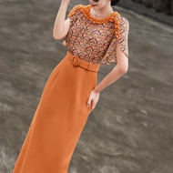 Elegant Chiffon Splicing Orange Dress - Short Sleeve Wrap Design for Women's Summer Office Wear