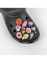 10入組粉紅色奶油和甜甜圈形狀的PVC飾品，適用於女士拖鞋和花園鞋