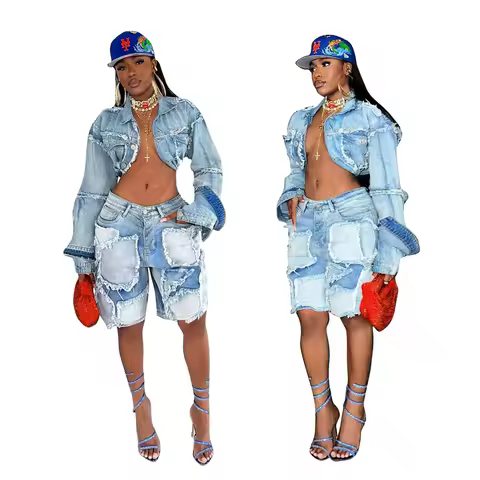 2025 New Women Fashion Distressed Washed Denim Jacket and Bermuda Shorts Set Jean Patched 2 Two Piec