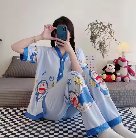 Jingle Cat Fashion Cartoon Home Clothes Doraemon sleepwear Women's Summer Short Sleeve PantsPajamas 