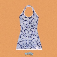 Mothra 針織連衣裙 綠松石藍真絲連衣裙，飾有美麗的蝴蝶圖案。