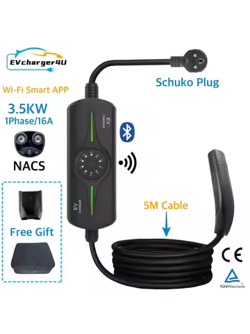 EVcharger4U Schuko 16A BS 13A NACS Portable EV Charger 1Phase 3.5KW EVSE 5M Cable for Tesla Model X/
