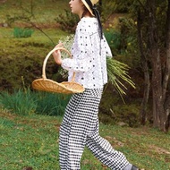 MintCheese獨立設計法式少女復古經典田園黑白格寬鬆收口長褲