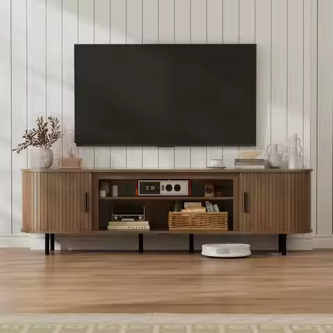 80" Fluted TV Stand for TVs up to 90 Inch, Mid Century Modern Entertainment Center with Storage, Sli