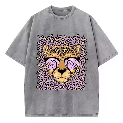 Vintage Womens Acid Wash T-Shirts Leopard Cartoons Printing Tees Crewneck Cotton Oversize Short Slee