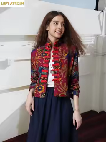 Vintage Chinese Tang Dynasty Women Long Sleeve Jacket Republic Of China Autumn Cotton Hemp Button Ma