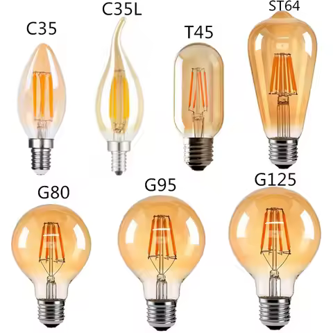 LED Edison Filament Light Retr Bulb Brown Golden T45 G80 G95 G125 4W 8W 2700K E27 AC 220V 110V Dimme